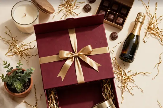 Build Your Own: burgundy gift box with gold ribbon surrounded by a candle, chocolates, a plant and a bottle of wine