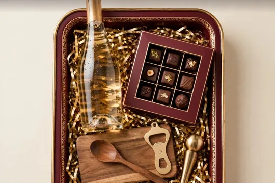 Gold hamper: burgundy tray with chocolates, wine and wooden kitchen pieces