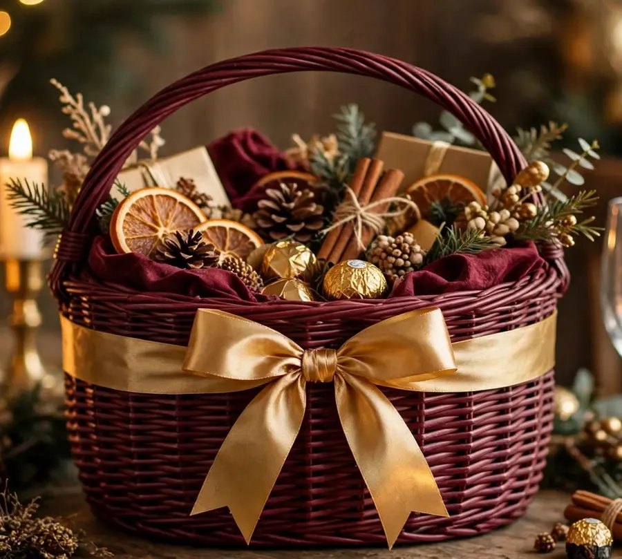 Burgundy woven gift basket with a gold satin bow, filled with chocolates, dried oranges, cinnamon and pine cones