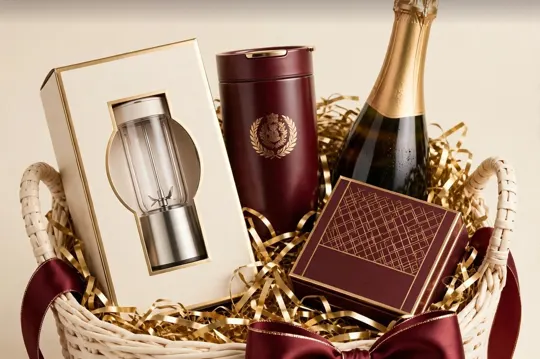 Platinum hamper: woven basket with a small appliance, tumbler, gift box and wine