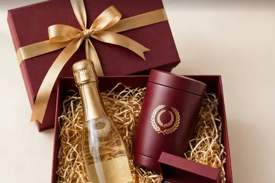 Signature hamper: burgundy box with gold ribbon, sparkling wine and a tumbler
