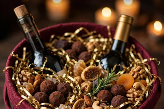 Burgundy basket with two bottles of wine, truffles, dried fruit and nuts
